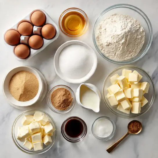 The image shows a top view of ingredients neatly arranged on a white marbled surface in small clear and white bowls and plates. There are six brown eggs in a white tray positioned at the top left. Next to it is a small clear bowl with white granulated sugar, and a large clear bowl filled with white flour is at the top right. Below the eggs is a small white bowl with a golden liquid, likely honey, and to its right is a white jug with milk. Next to the milk jug is a small white bowl with white sugar, and on the right side, a small white bowl holds several pieces of pale yellow butter. Moving towards the bottom left, a clear bowl contains beige granulated sugar, and above it is a small clear bowl with light brown dry yeast. To the right of the light brown yeast is a clear bowl filled with a fine brown powder, likely cinnamon. Underneath this is a bowl with white cubed butter or cream cheese. Toward the bottom center, there is a larger white bowl with cubed pale yellow butter, and nearby is a small clear bowl with a pale yellow solid, possibly butter. The bottom right has a clear bowl filled with white powdered sugar and a small gold spoon with a dark liquid, possibly vanilla extract, resting next to it. The bowls and plates are spaced evenly, creating an organized and clean look, all placed on the white marbled surface. photo taken with an iphone --ar 4:5 --v 7