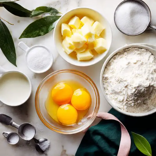 The image shows one white bowl filled with white flour, placed at the bottom right. Above it, there is a clear glass bowl holding three bright yellow egg yolks. To the top left, there is a small white bowl filled with yellow butter chunks. Next to the butter, a metal scoop is filled with white sugar, and below that, there is a small cup containing a white liquid, possibly milk or cream. On the left bottom corner, three silver measuring spoons are stacked together with a bit of white salt spilled nearby. The background is a white marbled surface with green leaves and a dark green cloth with a light pink ribbon woven through it. Photo taken with an iphone --ar 4:5 --v 7