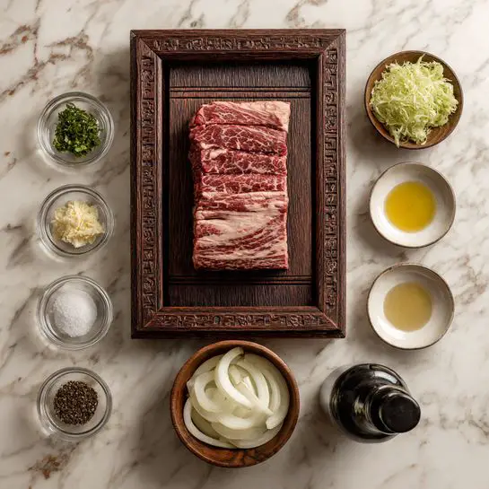 The image features a big raw steak placed on a dark brown wooden tray with a carved pattern, set on a white marbled surface. Below the tray, there is a wooden bowl filled with sliced white onions. Near the steak, there are small glass dishes arranged in two rows: the top row has a dish with green herbs, a dish with coarse salt, a dish with golden oil, and a white bowl holding sliced garlic. The bottom row includes a small bowl with ground pepper, a dark bottle filled with black liquid, and a small dish with clear oil. photo taken with an iphone --ar 4:5 --v 7