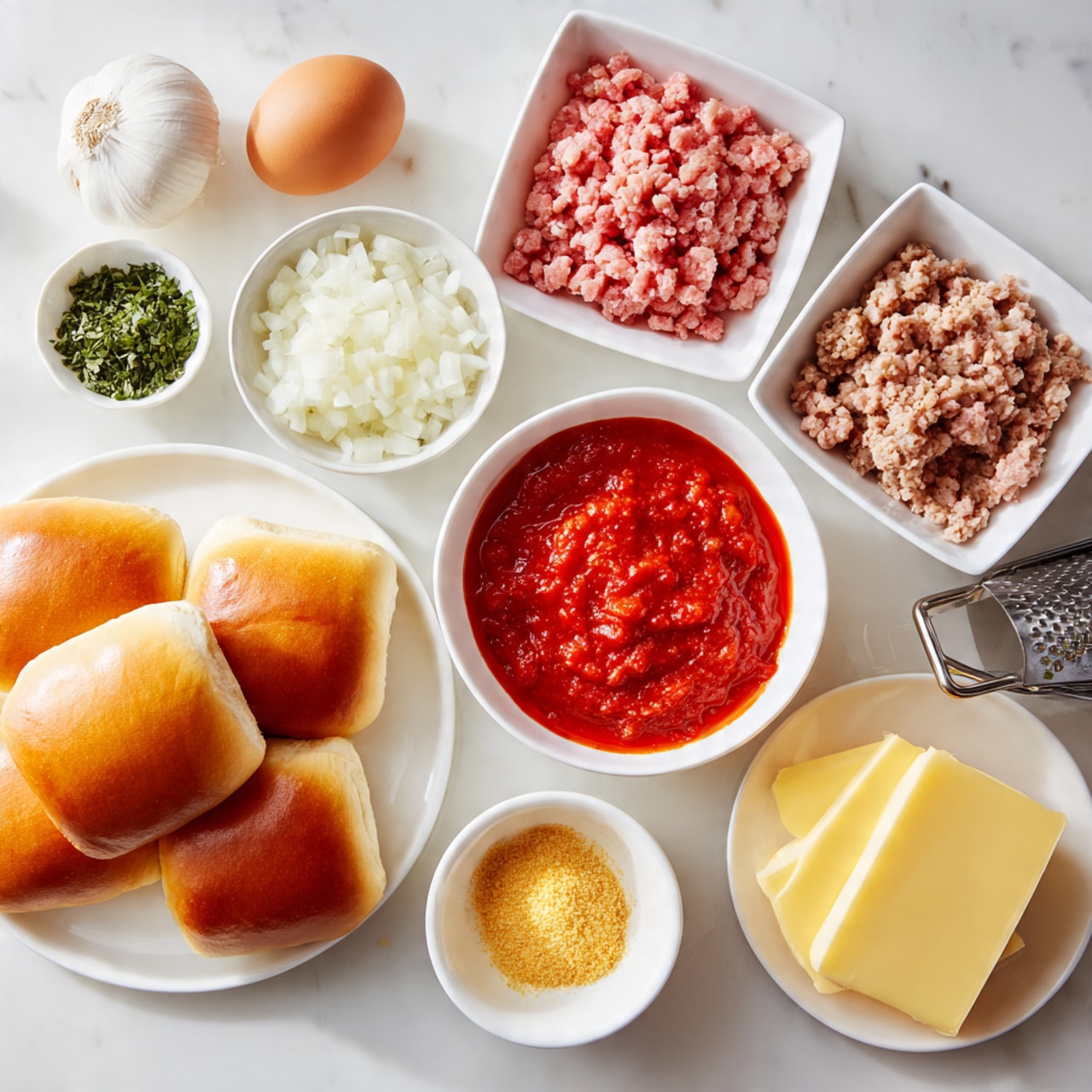 The image shows ingredients laid out on a white marbled surface. On the top left, there is a small white square bowl filled with finely chopped white onions. Next to it, on the right, a white square bowl holds raw ground beef, bright red in color. Below the onions, another white square bowl contains raw ground pork, slightly lighter pink than the beef. Next to the pork, a small white bowl contains chopped green herbs. To the right of the herbs is a small white bowl filled with beige breadcrumbs. Below them, a small white bowl holds a red tomato sauce with visible herbs and chunks. There is a single brown egg placed near the white bowls. At the bottom left, there is a white plate holding several plain yellow hot dog buns. To the right of the buns, there is a white plate with a few pale yellow round dough sheets stacked on top of each other. Scattered around are small seasoning bowls with spices and some cloves of garlic. The overall layout is neat and organized. Photo taken with an iphone --ar 4:5 --v 7