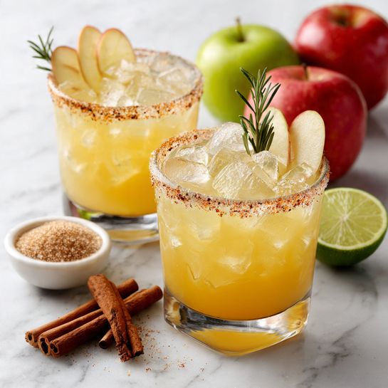 The image shows two short clear glasses filled with a yellow-orange drink with ice cubes. The drinks have a brown spice rim and a small rosemary sprig on top. Each glass has a slice of apple on the rim. In the background, there are two tall clear glasses filled with the same yellow-orange drink. Around the glasses on the white marbled surface, there are whole red apples, a sliced lime, a small white bowl filled with brown sugar, and a few cinnamon sticks. A woman's hand is holding one of the short glasses. photo taken with an iphone --ar 4:5 --v 7
