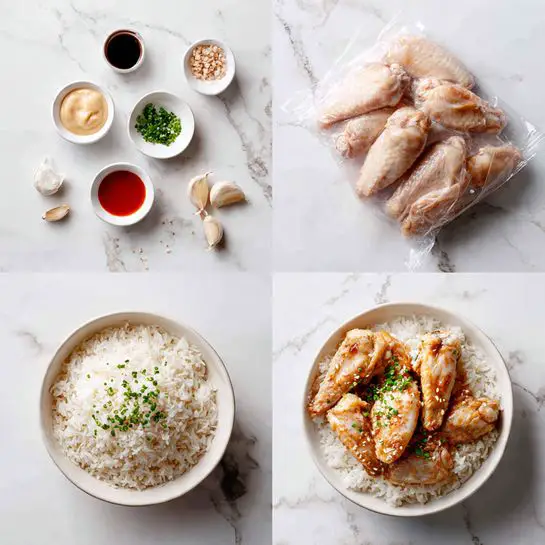The image is divided into four sections showing different stages of making a dish. The top right shows raw chicken wings in a clear plastic bag on a white marbled surface. The bottom right displays cooked chicken wings placed on a layer of white rice in a white bowl, topped with green herbs and sesame seeds. The bottom left shows a close-up of white rice with small green garnish on it in a white bowl. The top left contains three small white bowls, one with a dark sauce, another with a light creamy sauce, and the third with a red sauce, along with some garlic cloves on the white marbled background. Photo taken with an iphone --ar 4:5 --v 7