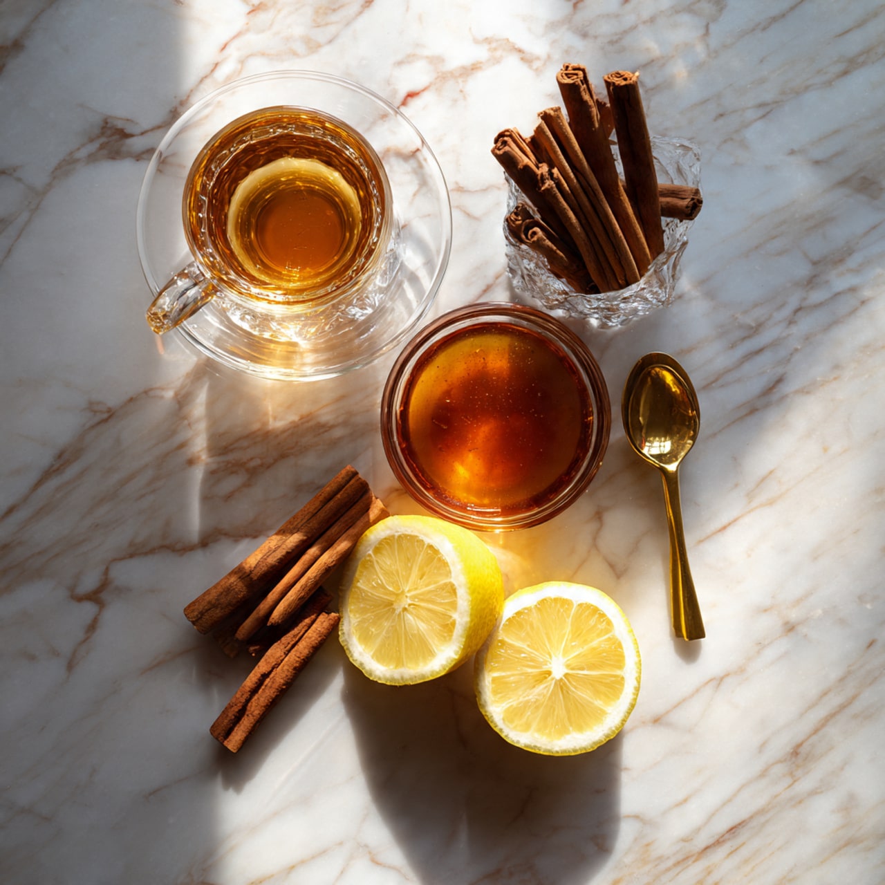 The image shows a top-down view of a white marbled surface with a clear glass cup filled with light brown tea placed near the bottom left. To its right, there is a small clear glass bowl filled with a thick amber-colored liquid, likely honey, and beside it two lemon halves with bright yellow flesh are placed one on top of the other. Cinnamon sticks are placed below the lemon halves, with four sticks stacked together. At the top right, a transparent glass holds several cinnamon sticks standing upright, and a gold spoon lies next to it on the marble surface. The scene is softly lit, giving a warm and cozy feel. Photo taken with an iphone --ar 4:5 --v 7