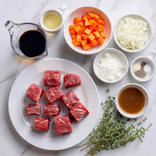 A collection of ingredients is arranged neatly on a white marbled surface, centered around a white plate holding six pieces of raw, red meat with fat layers. A small white bowl of soy sauce sits nearby, along with a larger clear measuring cup filled with a dark liquid and another clear measuring cup with a brown broth. Next to them are small white bowls containing diced orange carrots, chopped white onions, finely minced garlic, flour, chopped shallots, salt, black pepper, oil, and a small bowl with a thick brown sauce. A white plate with fresh green thyme sprigs completes the setup. photo taken with an iphone --ar 4:5 --v 7