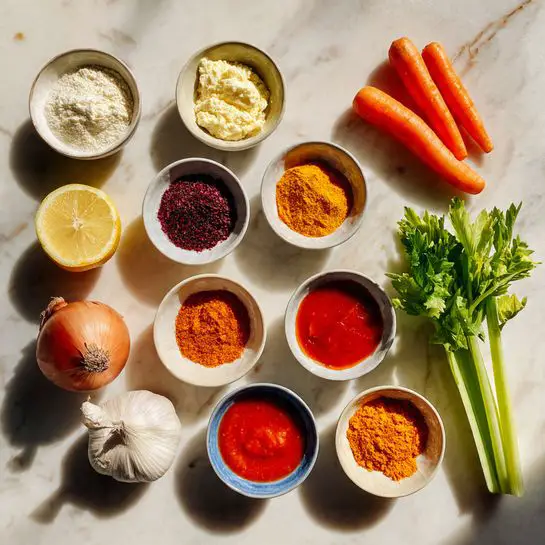 The image shows a white marbled surface with various small white bowls and loose ingredients neatly arranged in rows. The top row has a small white bowl with a creamy white powder, a bowl with a yellow/orange powder, followed by two whole orange carrots on the right side. The middle row features a bowl with red spices, a small white bowl with a reddish-pink round ingredient, a whole onion with the skin on, and a small lemon half cut side up. The bottom row displays a bowl filled with bright red sauce, a bulb of garlic, and a bowl with an orange powder spice mixture. A stick of celery with several leaves is placed vertically on the right edge. The light coming from above highlights the vibrant colors and smooth textures of the ingredients. Photo taken with an iphone --ar 4:5 --v 7