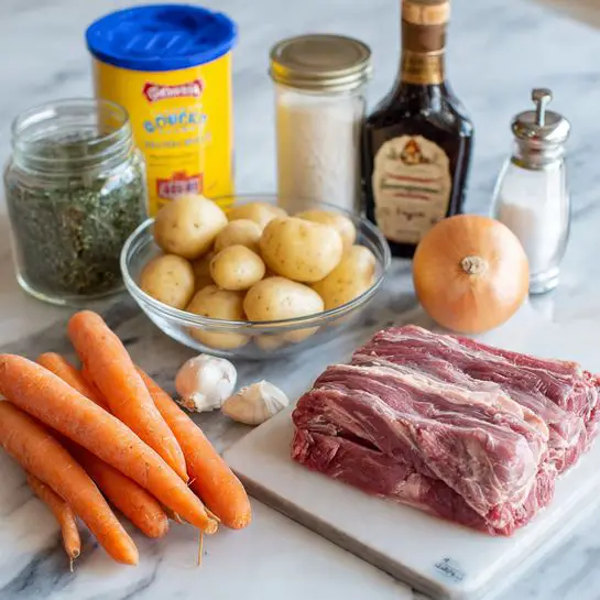 A fresh raw beef meat with visible marbling lies on a small white cutting board in the front left. Behind it are three bright orange carrots and five garlic cloves arranged loosely next to a light brown onion at the center right. To the right, a clear glass bowl holds a pile of pale yellow potatoes. Behind the meat, a blue-lidded yellow container of corn starch sits next to a tall brown glass bottle of Worcestershire sauce with a tan label. On the far left, a glass jar filled with green herbs stands beside a can of beef broth. To the far right, a clear glass bottle with a metal pour spout and a white salt shaker with a silver top are placed next to the carrots. All of this is set on a white marbled surface. photo taken with an iphone --ar 4:5 --v 7