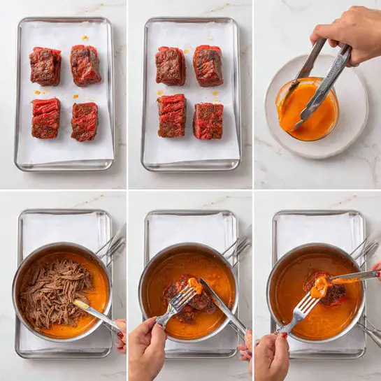 The image shows a step-by-step cooking process with six frames. The first frame displays eight pieces of raw red meat evenly placed on a white tray lined with white paper, on a white marbled surface. The second frame shows three pieces of seared meat inside a metal pot, one held by tongs with a brown crust. The third frame has the eight meat pieces now well browned on the white tray with white paper. The fourth frame shows the browned meat inside the pot with an orange sauce being poured over it from a glass container. The fifth frame features the meat pieces fully covered in the orange sauce inside the pot. The sixth frame shows shredded meat on the white tray with white paper, with a woman's hand using two forks to pull the meat apart, revealing brown shredded layers with some chunks intact. photo taken with an iphone --ar 4:5 --v 7