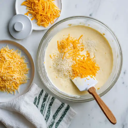 A clear glass bowl sits on a white marbled surface, filled with a creamy pale yellow batter. On top of the batter, there are three separate piles of shredded cheese: pale yellow, bright orange, and fine white powder. A spatula with a white head and a wooden handle rests inside the bowl on the right side, slightly mixing the ingredients. Near the bowl, to the left, is a white plate with more shredded pale yellow and orange cheese and a small white lid nearby. A white towel with green stripes lies under the plate. Photo taken with an iphone --ar 4:5 --v 7