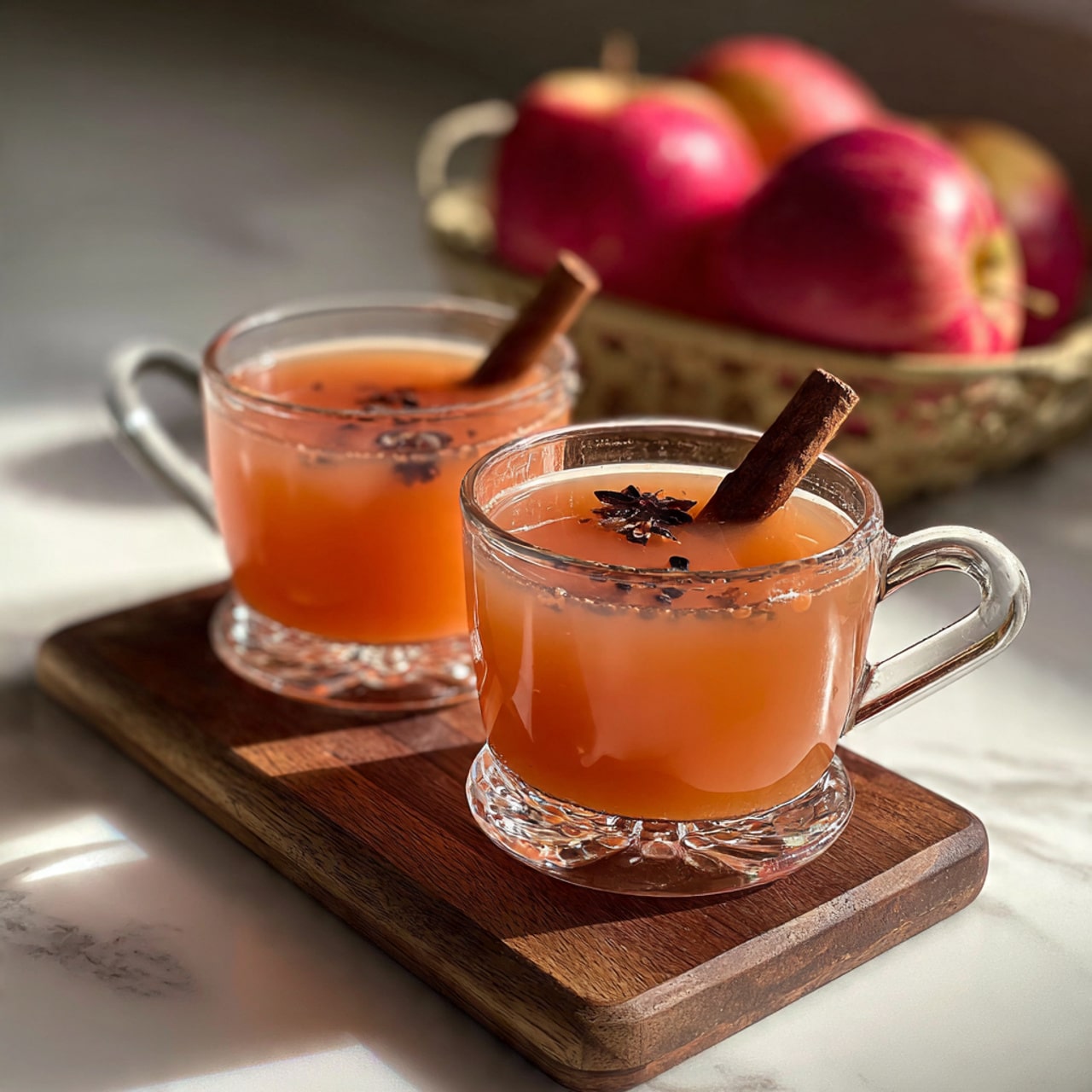 Two clear glass mugs filled with light brown tea each have one thin lemon slice floating on top. The mugs are placed on a wooden board with visible grain and natural color variations. Around the mugs, there are lemon slices, pieces of apple, a cinnamon stick, and a blurred bottle in the background. The warm-toned wooden surface contrasts with the transparent glass and bright yellow lemon slices, creating a cozy and inviting setting. Photo taken with an iphone --ar 4:5 --v 7