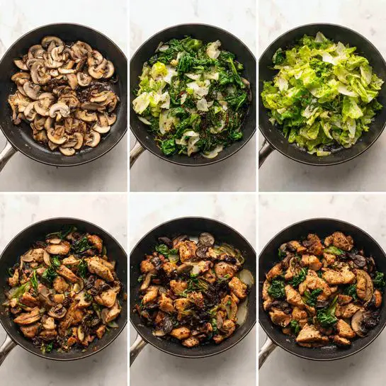 The image shows six steps of cooking chicken with vegetables in a black skillet on a white marbled surface. First, small browned pieces of chicken are spread in the skillet. Next, chopped mushrooms and green leafy vegetables are added on top, filling the skillet with white mushroom texture on one side and green leaves on the other. Then, the vegetables start to soften and steam rises, the green leaves turning darker. After that, the chicken pieces are mixed well with the cooked vegetables, showing a sizzling brown and green mix. In the fifth step, more cooked chicken is added back on top, resting in layers with mushrooms and greens underneath. Finally, the dish is fully mixed with a colorful harmony of browned chicken, dark green leaves, and soft mushrooms, all in the black pan. The photo taken with an iphone --ar 4:5 --v 7