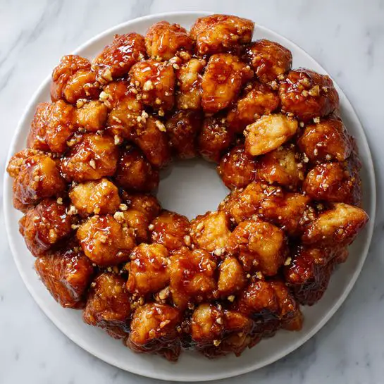 The image shows a round, golden-brown monkey bread arranged in a ring shape on a white plate, placed on a white marbled surface. The bread is made of many small, thick, shiny dough pieces that look sticky and soft, covered in a deep caramel glaze with visible small bits of nuts or sugar scattered on top. The layers of dough are unevenly shaped, with some pieces puffier and others slightly flatter, creating a textured, bumpy surface with a rich, glossy finish. Photo taken with an iphone --ar 4:5 --v 7