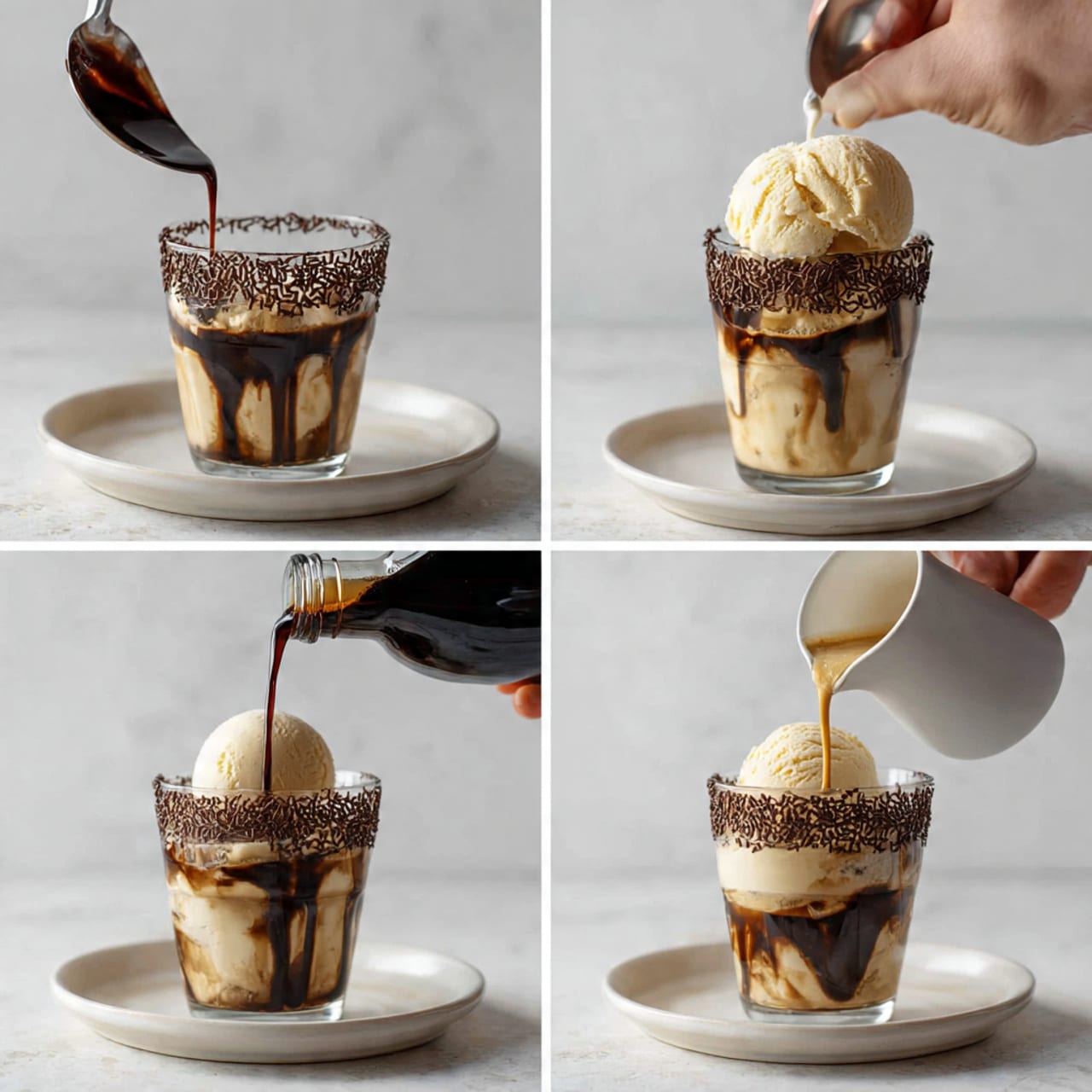 The image shows a step-by-step visual of a layered drink in a clear glass cup with a white marbled background. In the first step, a white plate holds a ring of dark chocolate sauce. In the second, a close-up of a woman's hand holding an ice cream scoop with a creamy vanilla scoop is ready to place on the rim of the glass cup, which is already decorated with a ring of dark chocolate sprinkles. The third step shows a bottle of dark liquor being poured into the glass cup filled with the vanilla ice cream and chocolate sprinkles around the rim. In the last step, a woman's hand is pouring creamy coffee or hot chocolate from a white jug into the glass cup, partially filling it above the ice cream and within the chocolate sprinkle rim. The drink layering creates a mix of light creamy, dark brown, and chocolate colors. Photo taken with an iphone --ar 4:5 --v 7