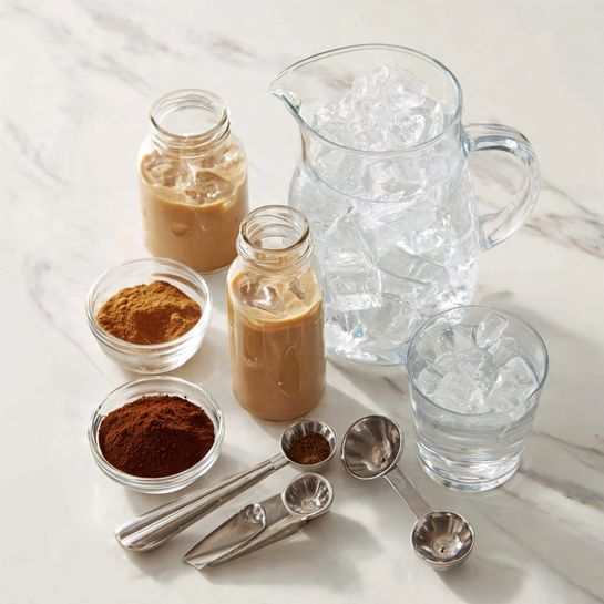 The image shows seven containers with ingredients on a white marbled surface. At the top center is a shiny metal cup filled with bourbon, shiny and silver with a smooth texture. To the right is a clear glass measuring cup holding a light amber liquid labeled apple cider. Below the bourbon is a small white dish filled with white cane sugar, with a fine grain texture and a small indentation in the middle. Below and to the right of the sugar is a small jar filled with bright orange pumpkin puree with a slightly chunky texture visible. To the far left is a bottle with an orange cap containing orange bitters. Below the bottle is a small round clear glass bowl filled with dark amber maple syrup. At the bottom right is a small white dish filled with a pile of orange-brown pumpkin spice powder, with a fine and loose texture. All items are spaced neatly on a smooth white marbled surface. photo taken with an iphone --ar 4:5 --v 7