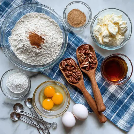 The image shows a top view of several clear glass bowls and wooden measuring spoons on a white marbled surface with a blue and white checkered cloth underneath. One large clear glass bowl contains white flour with a small pile of light brown cinnamon on top, positioned top left. To the right, a smaller glass bowl holds a white creamy substance. Below, two wooden measuring spoons rest on the cloth; the left one is filled with chopped pecans, and the right one contains light brown sugar. A clear glass cup filled with dark amber maple syrup is placed on the right side. A medium clear glass bowl near the bottom center displays melted butter, and to its right, another medium glass bowl has two cracked eggs with yellow yolks and clear whites. Below this bowl lies a group of three metal measuring spoons. A small glass bowl with vanilla extract is at the bottom left. Photo taken with an iphone --ar 4:5 --v 7
