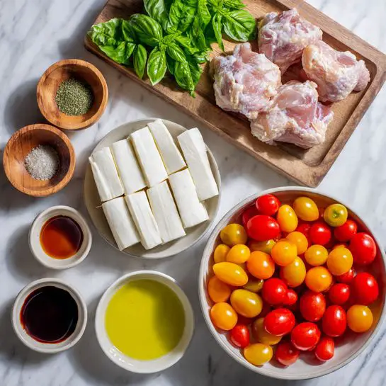 The image shows a white bowl filled with red, yellow, and orange cherry tomatoes at the bottom right. Above it, there is fresh green basil on a white marbled surface. To the left of the basil, there are small wooden bowls containing salt, pepper, and dried herbs. Above those bowls, a white plate holds two raw chicken pieces. At the left bottom corner, a small white bowl contains a dark soy sauce, while next to it a larger white bowl is filled with light golden oil. Nearby, a woman's hand is holding a small white bowl with thick white mozzarella slices arranged neatly on a wooden board. The whole scene is on a white marbled table. Photo taken with an iphone --ar 4:5 --v 7