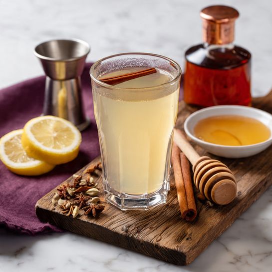 A clear glass filled with pale yellow liquid has a cinnamon stick resting inside it near the center. The glass is placed on a rustic wooden board with a dark purple cloth to the left. On the wooden board, there are two stacked light yellow lemon slices near some scattered small brown cloves and three cinnamon sticks lying horizontally. Next to the glass, there is a wooden honey dipper resting diagonally, a shiny silver measuring cup with a small amount of amber liquid inside near the top edge, a dark bottle with a copper cap and a label, and a small white bowl filled with light golden honey. The whole setup is on a white marbled surface. photo taken with an iphone --ar 4:5 --v 7