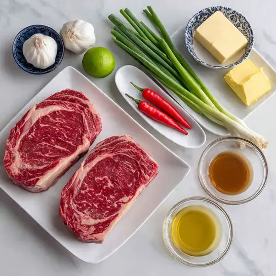 Grilled Ribeye with Garlic Butter Recipe 4 The image shows two pieces of raw ribeye steak with visible marbling and a deep red color placed side by side on a white tray. Below them is another white tray holding fresh green onions, bright red chili, white garlic bulbs, a small yellow portion of mustard, a green lime, a blue and white bowl filled with three small pale yellow butter slices, and three small glass bowls containing clear oil, a brown liquid sauce, and another clear liquid. All items are set on a white marbled surface. Photo taken with an iphone --ar 4:5 --v 7