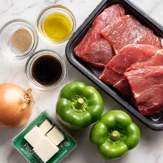 The image shows raw shaved steak meat in its black plastic tray covered with clear plastic, placed at the top center. To the right of the tray are two green bell peppers lying side by side with shiny green skins. Below the peppers is a green package with provolone cheese slices visible inside through a clear window. To the left side of the tray are small clear glass bowls arranged in two rows: the top row has olive oil and a light brown seasoning, the bottom row has a dark soy-like sauce, two cubes of butter, and some black pepper. At the bottom left corner is a whole brown onion with dry papery skin. The background is a white marbled surface. Photo taken with an iphone --ar 4:5 --v 7