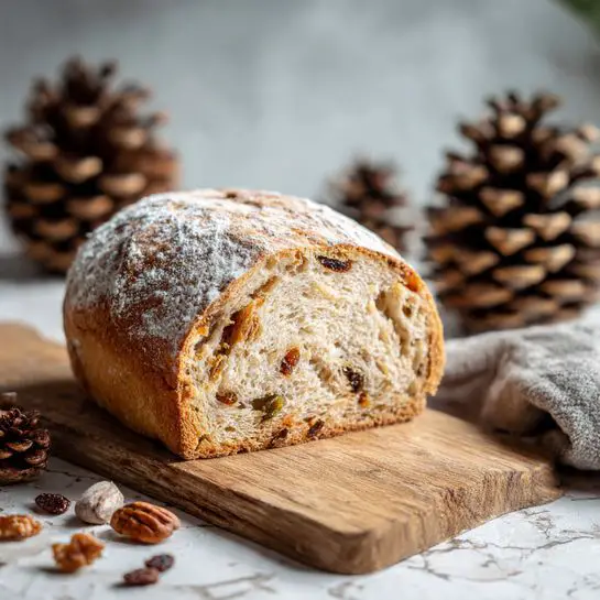 A loaf of bread is shown on a wooden board with a white marbled background. The bread has a golden-brown crust lightly dusted with white flour. The inside is soft and swirled with layers of light beige dough mixed with dark raisins and small bits of nuts, giving the texture a mix of smooth and chunky. Around the bread are two large pine cones and a gray cloth nearby, adding an earthy feel. Photo taken with an iphone --ar 4:5 --v 7