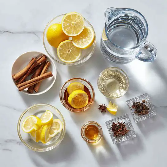 The image shows an organized set of ingredients and tools on a white marbled surface. There are two clear glass bottles filled with light brown creamy liquid, one smaller and the other larger, placed near the center. Next to them is a clear glass pitcher filled with ice cubes. To the right is a wider clear glass bottle with a small amount of water inside. In front of the bottles, there are two small clear glass bowls, one filled with ground cinnamon and the other with a smaller amount of ground coffee or similar dark powder. A shiny metal measuring tool with two round scoops lies in front of these bowls. The overall look is clean and bright with a simple arrangement. Photo taken with an iphone --ar 4:5 --v 7