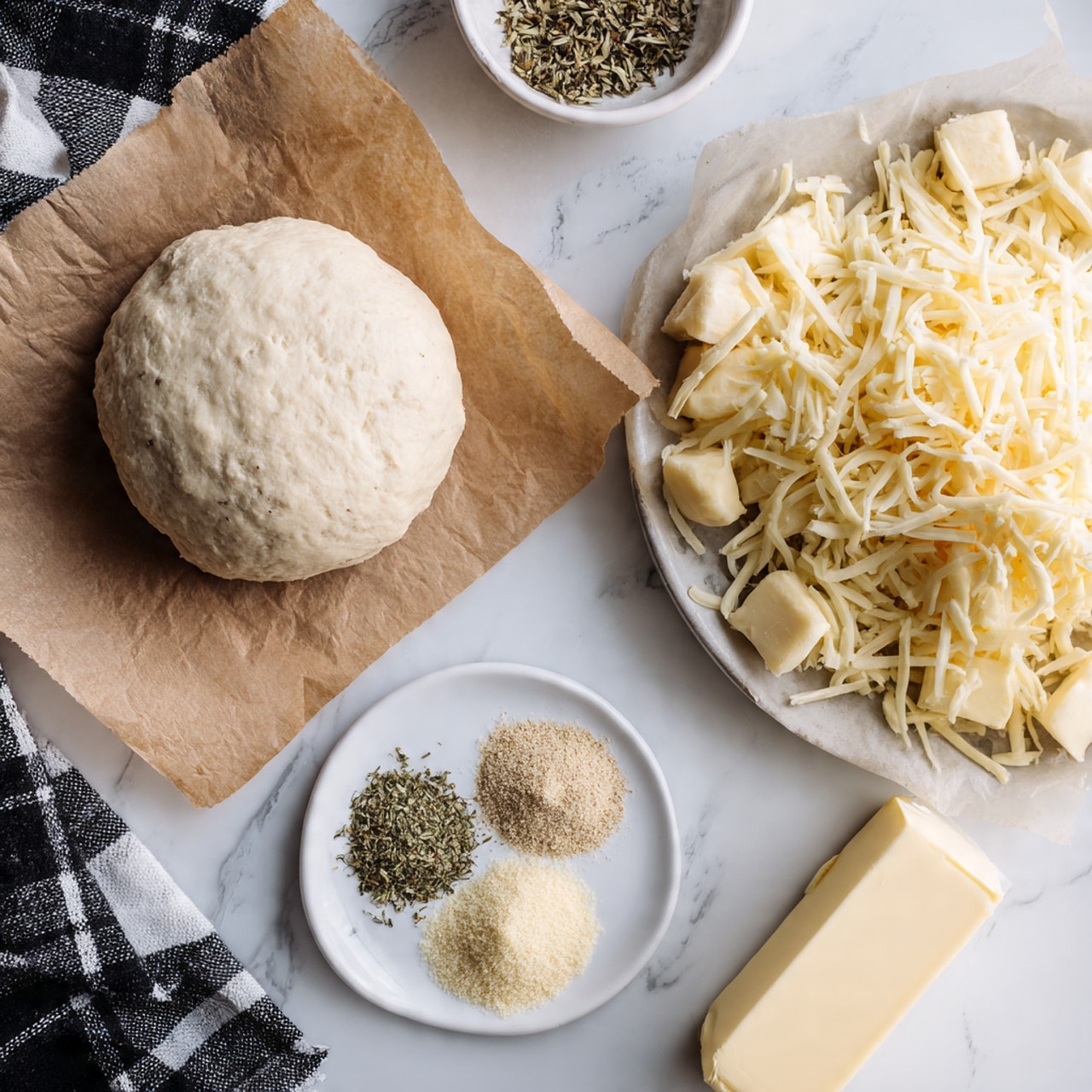 The image shows a ball of dough resting on brown parchment paper next to a pile of shredded white cheese and some small slices of the same cheese. Below them is a stick of butter, partly wrapped in paper. On the left side, a small white plate holds several herbs and spices arranged in small piles, including green and brown powder, and some seeds. The surface under everything is white marbled, and a black and white checkered cloth is partially visible at the top left. Photo taken with an iphone --ar 4:5 --v 7