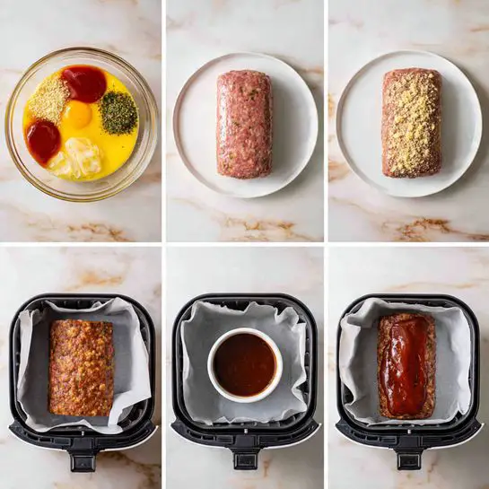 The image shows six stages of making a meatloaf arranged in a 2x3 grid on a white marbled surface. The first stage is a glass bowl filled with raw ground meat, yellow egg yolks, red ketchup, green herbs, and beige breadcrumbs on top. The second stage is a white plate with the shaped raw meatloaf in a smooth oblong form, pink and speckled with herbs. The third stage is a black air fryer basket lined with white parchment paper holding the same raw meatloaf. The fourth stage is a white bowl filled with dark reddish-brown barbecue sauce with a smooth, shiny texture. The fifth stage shows the air fryer basket with parchment paper, now holding the cooked brown meatloaf that has a slightly rough surface. The final stage is the air fryer basket with the cooked meatloaf covered in a glossy, dark reddish-brown sauce glaze. photo taken with an iphone --ar 4:5 --v 7