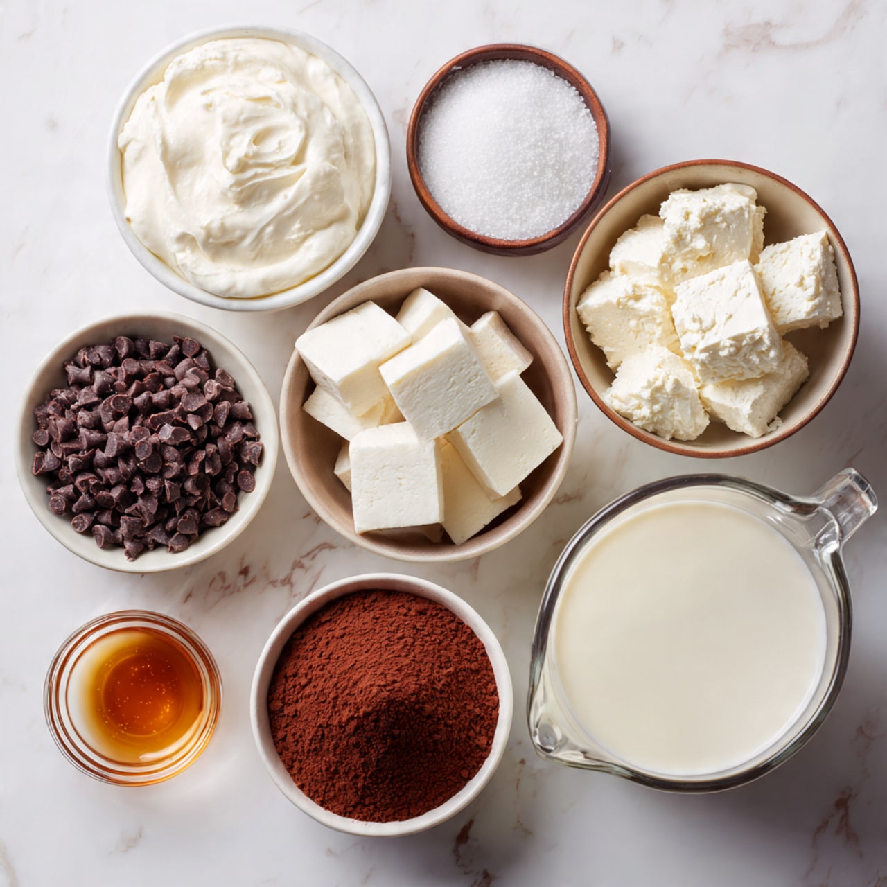 The image shows eight white bowls and a clear glass measuring cup arranged on a white marbled surface. From top left, there is a bowl filled with thick white cream, next to it a bowl of white granulated sugar, and a small bowl with white powder. Below these, a bowl contains white square blocks of soft cheese or tofu. To the left, a large bowl is filled with small, dark brown chocolate chips. Below that, another bowl holds rich reddish-brown cocoa powder. In front of these bowls, a small white bowl contains amber-colored liquid vanilla extract. Finally, a large clear glass measuring cup is filled with white milk or cream. Photo taken with an iphone --ar 4:5 --v 7
