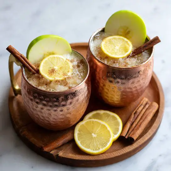 Two hammered copper mugs filled with a light brown iced drink, showing layers of crushed ice that shine under the light. Each mug is garnished with a bright green apple slice on the rim, a lemon slice floating on top, and a yellow ginger slice resting on the lemon. A cinnamon stick leans inside each mug, adding a rustic touch. The mugs sit on a round wooden board with more cinnamon sticks and lemon wedges beside them, all placed on a white marbled surface. The photo taken with an iphone --ar 4:5 --v 7