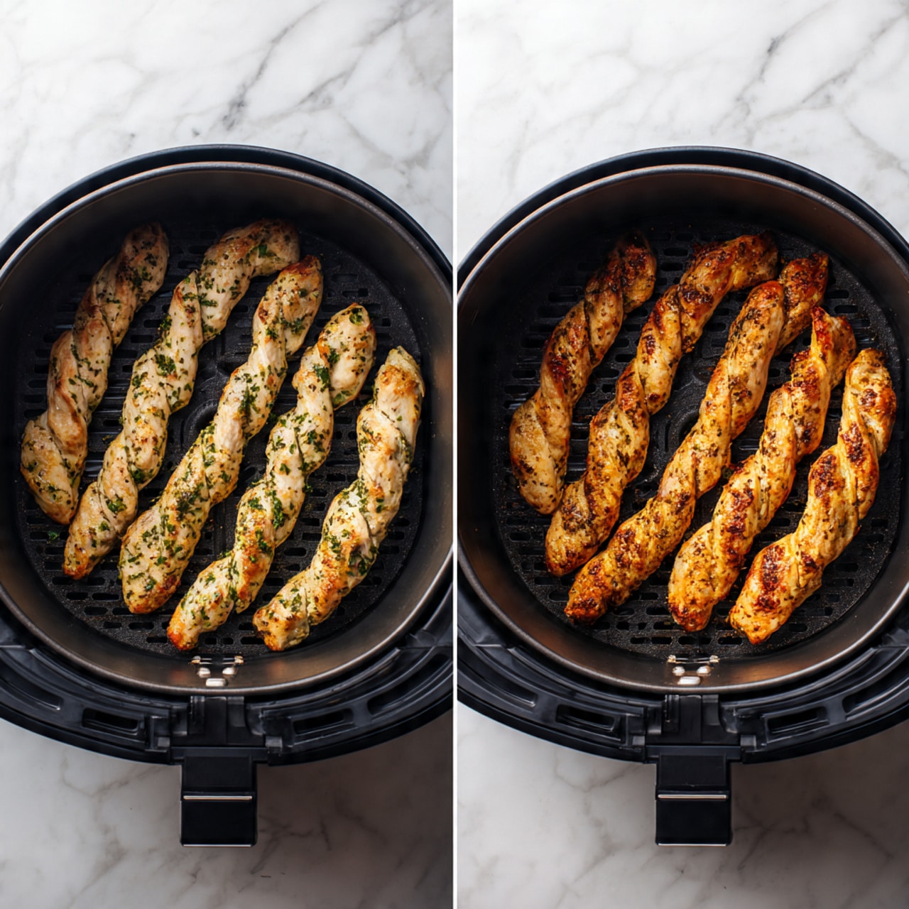 Two images side by side show five long, thin chicken strips arranged inside a black air fryer basket. In the left image, the chicken strips are pale with some green herbs sprinkled on top, giving a fresh look. In the right image, the same chicken strips are cooked to a golden brown, evenly coated with a light layer of brown spices, showing a crispy texture with slight charring on some parts. The black air fryer basket has a grid-like base with small holes, and the background is a white marbled surface. The images are numbered 1 and 2 in white circles at the top left. photo taken with an iphone --ar 4:5 --v 7
