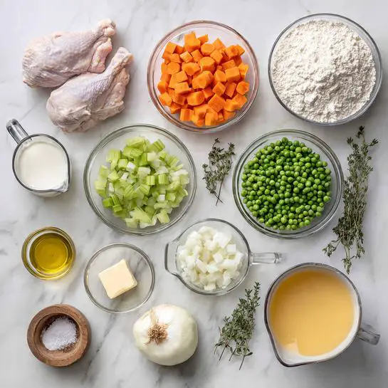 The image shows several clear glass bowls and measuring cups arranged on a white marbled surface, each filled with different ingredients. There are two raw chicken pieces in a bowl at the top left, diced celery in the bowl near the center, chopped orange carrots in a bowl to the right, and frozen green peas in a bowl at the bottom left. A peeled garlic bulb rests near the middle, next to a small glass bowl with a stick of butter. Diced white onions occupy a bowl at the bottom right. A cup of light yellow chicken broth is on the right side, while a small cup of olive oil is near the center left. There is also a measuring cup with cream to the left, a bowl of flour near the top right, and a ball of dough close to the top. Fresh green thyme sprigs are beside the onions, and a round wooden container with salt is at the bottom left. Photo taken with an iphone --ar 4:5 --v 7