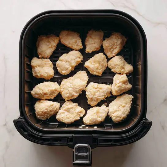 The image shows a black air fryer basket filled with 14 pieces of uncooked, light beige battered chicken tenderloins, spread out evenly without crowding. The chicken pieces have a rough texture with a slightly uneven coating, indicating a crumbly batter. The basket has a grid-like bottom allowing air flow, and the background is a white marbled surface. Photo taken with an iphone --ar 4:5 --v 7