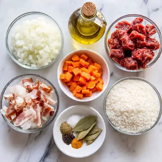 One-Pot Beef and Rice Pilaf Recipe 4 The image shows various ingredients arranged on a white marbled surface. On the left is a clear glass bowl filled with chopped white onions. Below that is another clear glass bowl containing sliced strips of uncooked bacon. Next to the onions in the center is a white bowl filled with small, bright orange carrot cubes. Behind the carrots are a bottle of golden oil and a small white bowl with white salt. To the right of the carrots is another white bowl filled with uncooked white rice grains, and next to it on the far right is a large clear glass bowl full of red raw beef pieces. In front of the rice and beef bowls is a small white bowl containing dried bay leaves and several ground spices in tones of yellow, green, black, and brown. The composition is clear and colorful, set against the clean white marbled texture. Photo taken with an iphone --ar 4:5 --v 7