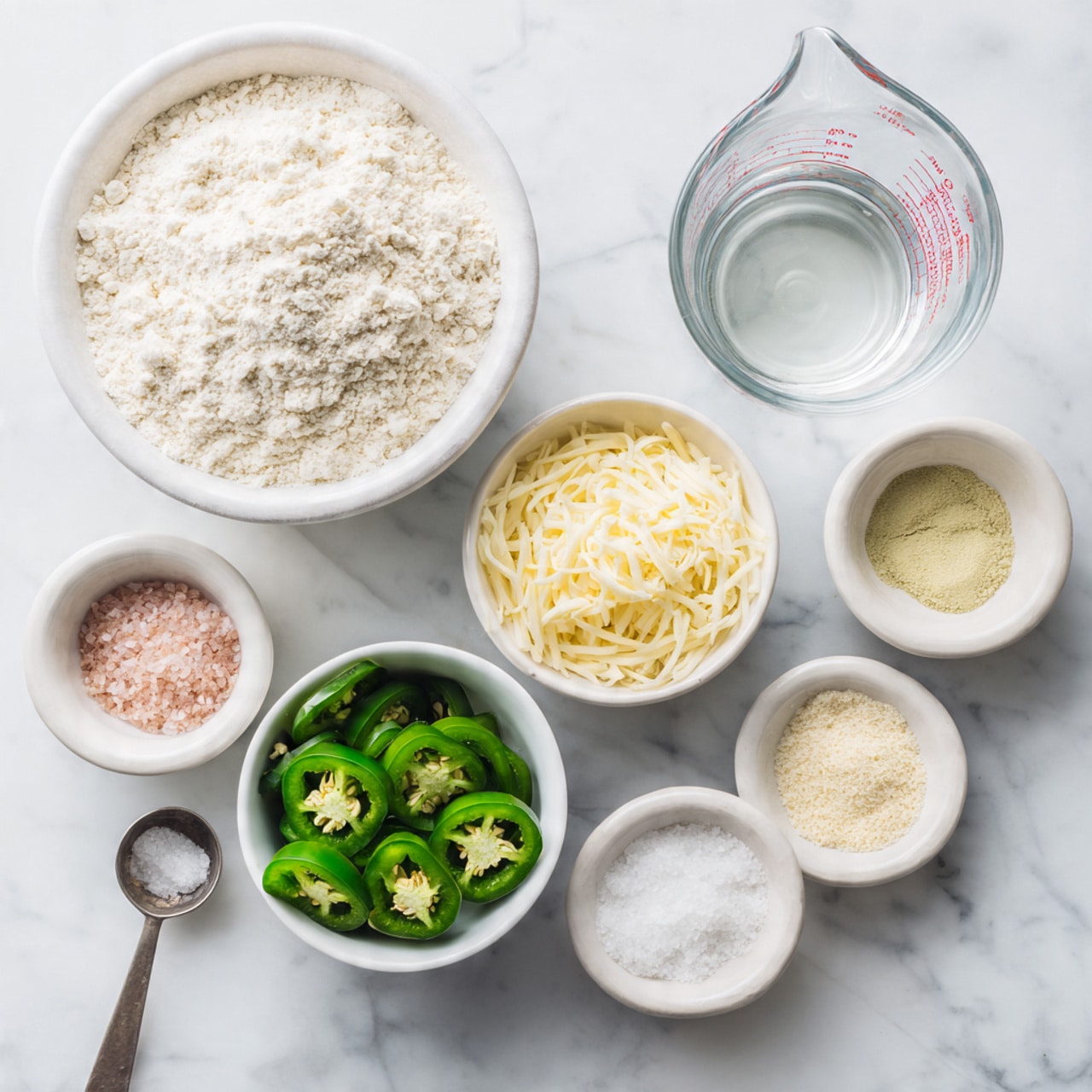 The image shows seven small white bowls and a clear measuring cup placed on a white marbled surface. In the top left, a large white bowl holds a rough, powdery white flour. To the right of it, a clear glass measuring cup contains clear water with red markings. Below the flour, a small white bowl contains thick green slices of jalapeño peppers, showing visible seeds and smooth texture. In the middle, a white bowl holds pale yellow shredded cheese, layered loosely with soft texture. Below the jalapeños, a small white bowl contains pinkish coarse salt with a grainy texture. Next to it, another small white bowl has fine white sugar crystals. And to the right, a small white bowl shows dry yeast granules in a light beige color. To the right of the cheese bowl, a metal 1/4 cup measuring spoon holds a small amount of pale yellow olive oil. The items are neatly arranged with clear detail and clean presentation, photo taken with an iphone --ar 4:5 --v 7