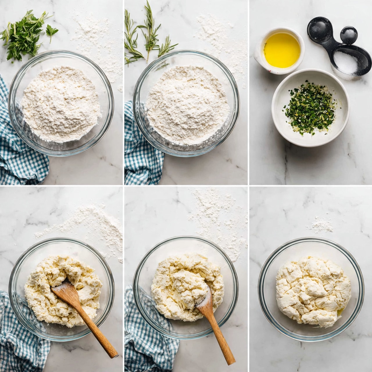 A set of six images shows the process of making dough in a clear glass bowl on a white marbled surface. The first image has dry flour in the bowl with a green herb bunch on top left and a white bowl with chopped herbs on bottom right, plus black measuring spoons at the top right. The second image shows yellow oil and wet ingredients added on top of the flour. The third image shows a wooden spoon mixing the wet and dry ingredients into a crumbly dough. The fourth image shows the dough starting to come together with the wooden spoon still in the bowl. The fifth image shows the dough fully mixed into a rough ball inside the bowl. The sixth image shows the dough rolled out flat on the white marbled surface next to the chopped herbs and measuring spoons, with flour lightly dusted around. A white and blue checkered cloth is to the left side in several frames. Photo taken with an iphone --ar 4:5 --v 7