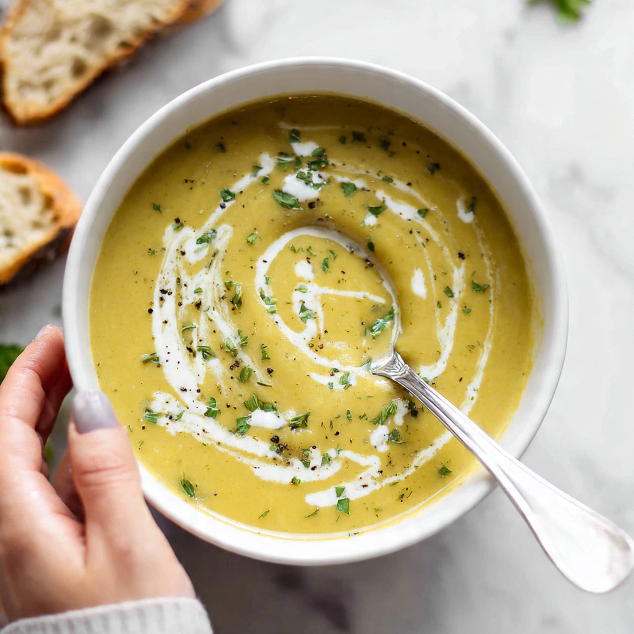 A white bowl filled with smooth, creamy yellow soup with a thick texture. On top, there are white swirls of cream, small green herb pieces sprinkled around, and a white spoon holding a scoop of soup resting inside the bowl. A woman's hand is holding the spoon, visible on the right side of the image. The bowl sits on a white marbled surface, with some green leaves and part of a bread slice nearby. Photo taken with an iphone --ar 4:5 --v 7
