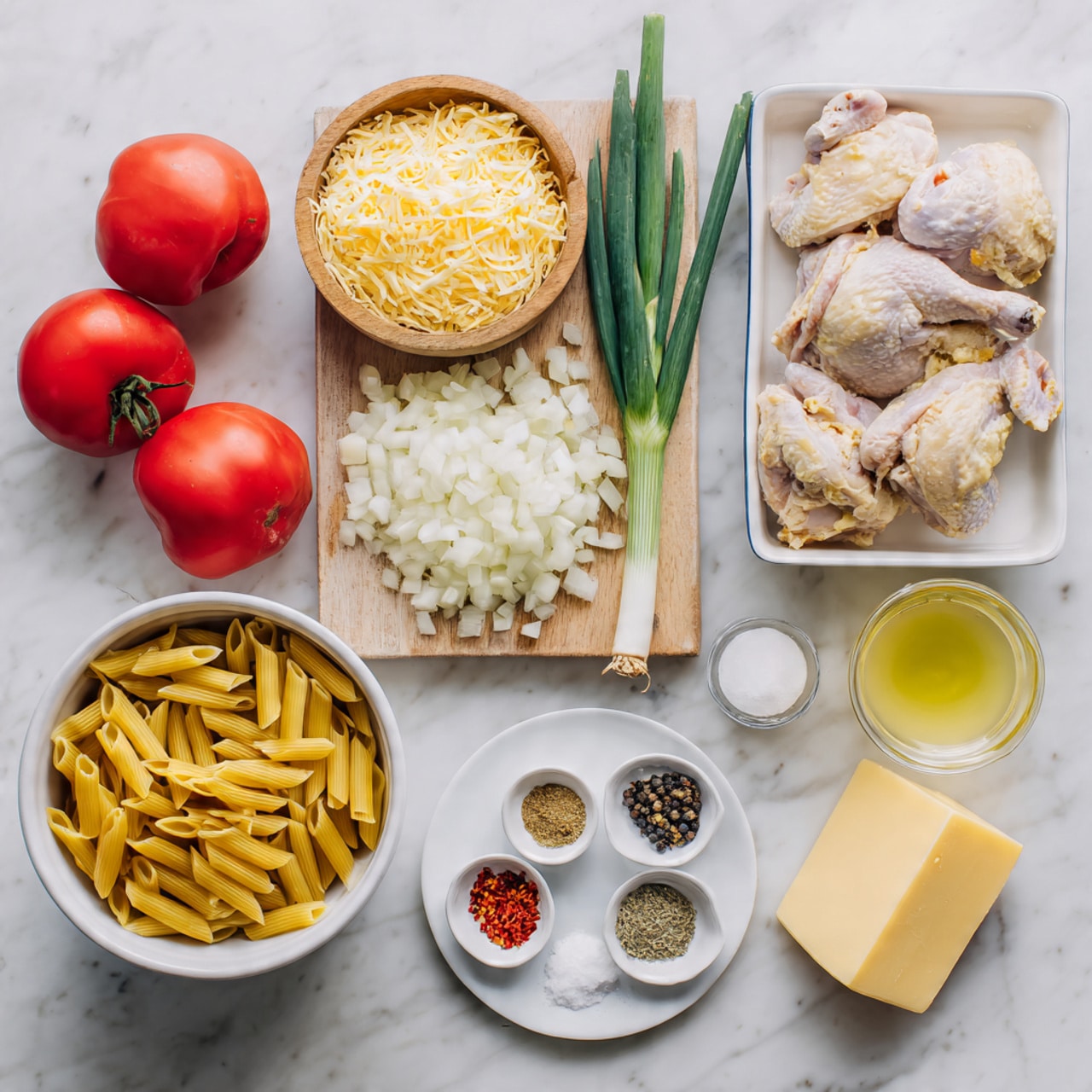The image shows raw ingredients arranged on a white marbled surface. There is a white bowl with dry penne pasta in the bottom left corner. Above it, there is a wooden cutting board with chopped white onions spread in the center, two whole green onions placed diagonally, and a block of yellow cheese on the right side. To the top of the cutting board, two raw chicken pieces are placed in a white dish. Around these, there are three whole red tomatoes, a small wooden bowl with shredded cheese, a glass container with a yellow liquid, a glass with a pale yellow liquid, and a white plate with seven small piles of different spices and minced garlic. There is also a bowl with lemon slices and a measuring cup with cream. The photo taken with an iphone --ar 4:5 --v 7