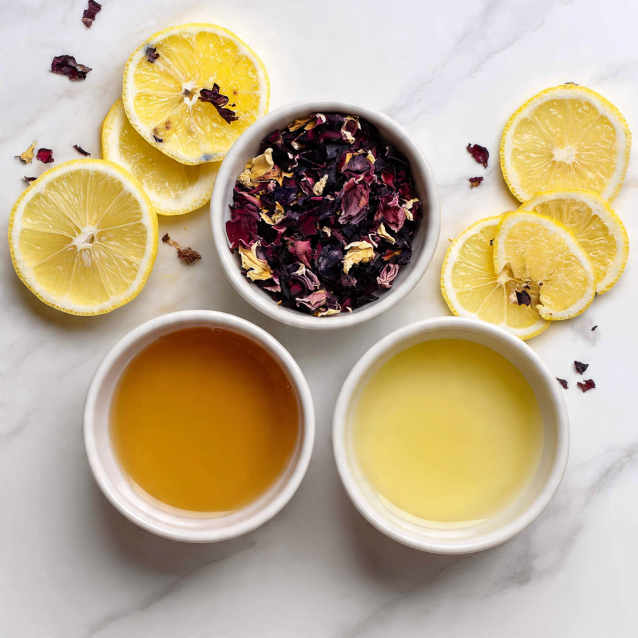 The image shows a top-down view of three white ceramic bowls on a white marbled surface. The top bowl is filled with dark red and purple dried flower petals, the left bowl contains a golden-brown liquid with a smooth texture, and the bottom bowl holds a pale yellow liquid with a light, smooth surface. Surrounding the bowls are bright yellow lemon halves, some lying flat and some standing upright, revealing their juicy inner segments and seeds. The arrangement is simple and clean, emphasizing the colors and textures of the ingredients. photo taken with an iphone --ar 4:5 --v 7