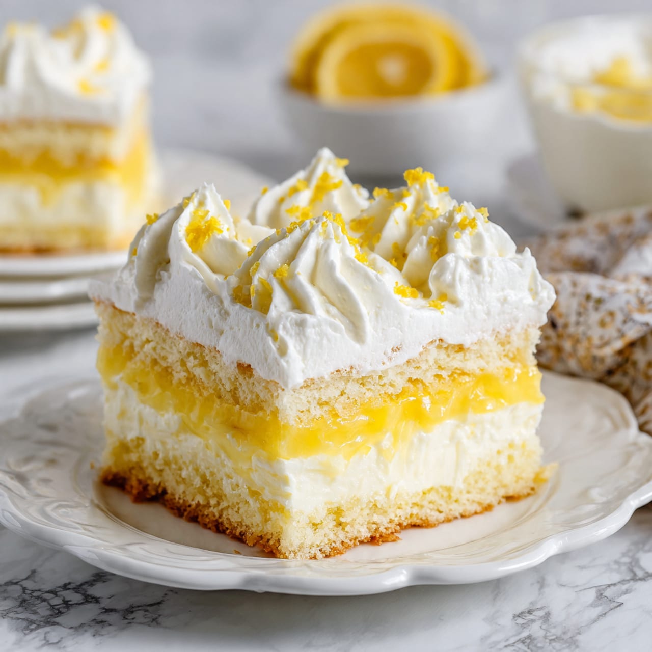 A square piece of layered dessert sits in the center of a white plate with scalloped edges. The dessert has three distinct layers: the bottom layer is a light golden sponge cake, followed by a thick creamy white layer, then a bright yellow lemon curd layer in the middle, topped again with sponge cake. The top layer is fluffy white whipped cream with small swirls and is sprinkled with tiny bits of lemon zest. The background shows a white marbled texture and blurred plates and a bowl of similar dessert, with a patterned cloth beneath the plate. Photo taken with an iphone --ar 4:5 --v 7
