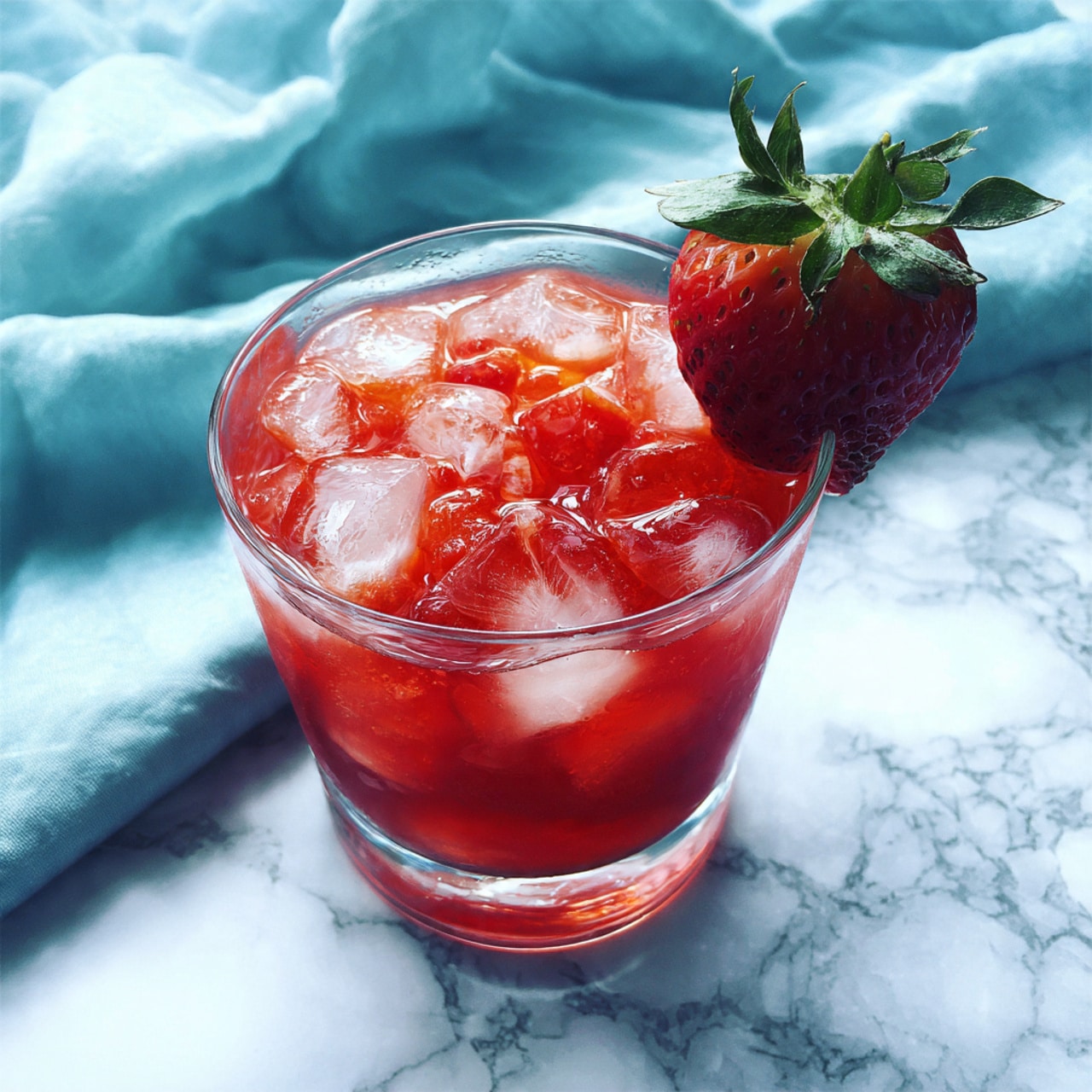 A short clear glass is filled with ice and a red drink with tomato or fruit pieces floating inside. On the top edge of the glass, a fresh red strawberry with green leaves is placed for garnish. The glass sits on a white marbled surface with a soft blue cloth underneath. photo taken with an iphone --ar 4:5 --v 7