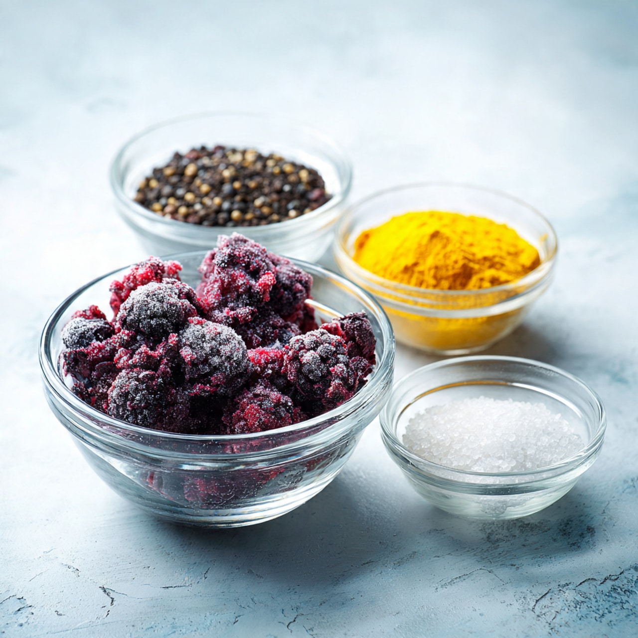 The image shows four clear glass bowls on a white marbled surface. The largest bowl in the front contains dark purple and red frozen berries with a frosty texture. Behind it to the left, there is a smaller bowl filled with ground black seeds or spices. To the right, a medium bowl holds a yellow powder looking smooth and fine. Next to that, on the far right, a small bowl contains white granules with a slightly coarse texture. The bowls are arranged close but not overlapping, and the lighting makes them bright and clear. Photo taken with an iphone --ar 4:5 --v 7