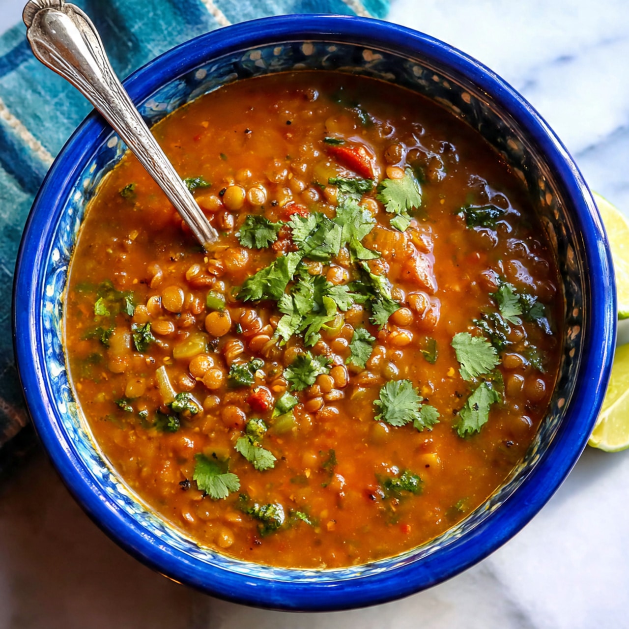A close-up image of a blue edged bowl filled with brown lentil soup, with visible lentils and a thick, smooth texture. Fresh green cilantro leaves are scattered on top, adding bright color contrast. A silver spoon rests inside the bowl, showing a bit of the soup. The bowl sits on a white marbled surface with a small cloth and lemon wedge partially visible nearby. photo taken with an iphone --ar 4:5 --v 7