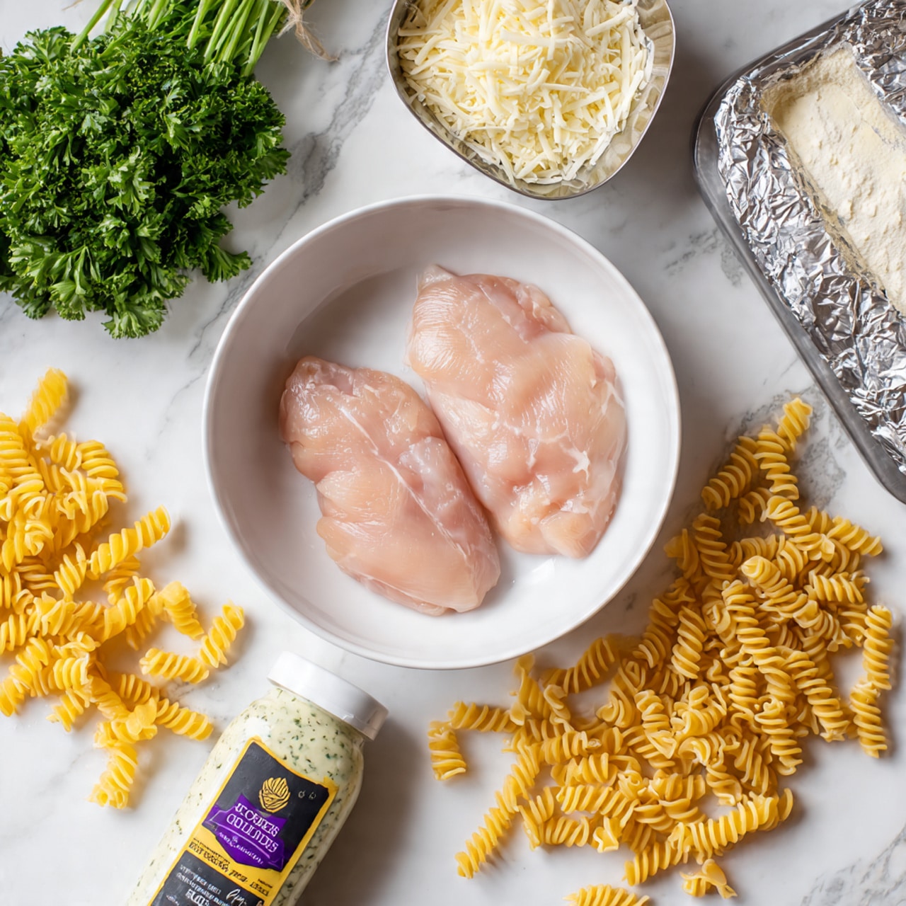The image shows a white bowl holding two raw chicken fillets with a smooth, pinkish texture placed near the center. Around the bowl, there are several ingredients arranged on a white marbled surface: a bunch of fresh green parsley at the top left, a container filled with off-white thin Parmesan cheese slices below the parsley, a metal measuring cup filled almost to the top with white cream slightly below the cheese, a foil-wrapped block of butter marked with purple text next to the measuring cup, a small pile of uncooked golden-yellow spiral pasta scattered in front of the butter, and a bottle of creamy Parmesan garlic sauce with a black label and yellow accents lying on its side to the right. photo taken with an iphone --ar 4:5 --v 7