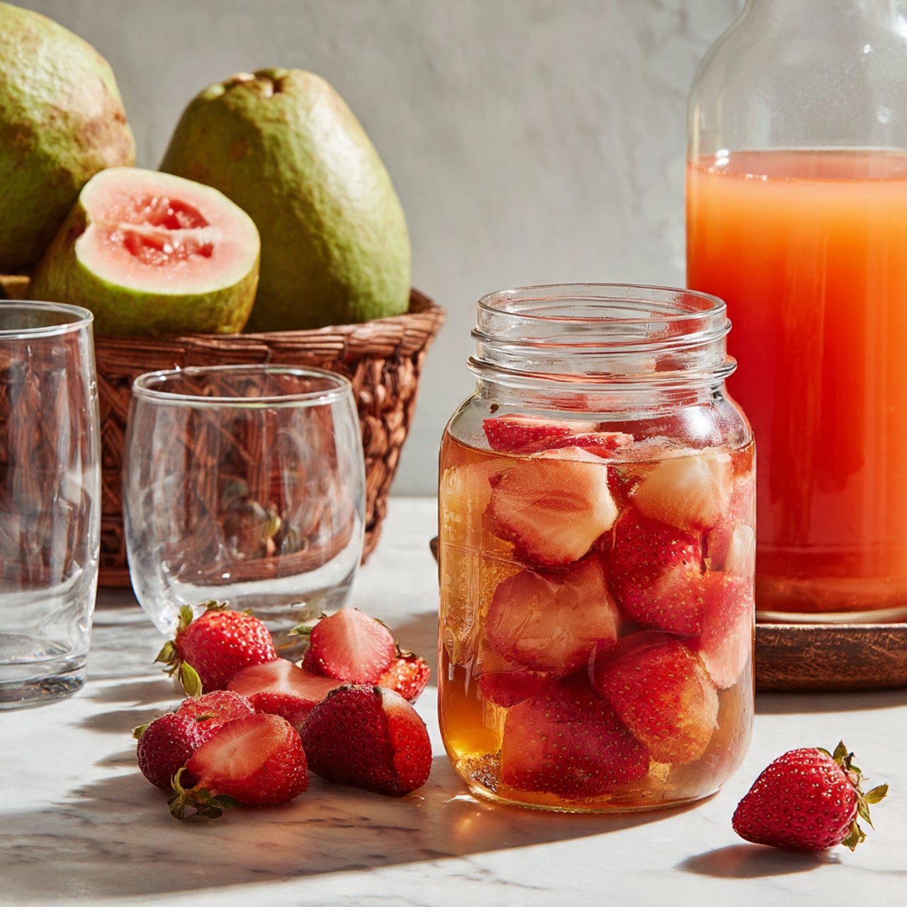A clear glass jar filled with whole and halved fresh red strawberries, placed beside a glass with light brown iced tea containing strawberry pieces. Around them, a few strawberries lie scattered on a white marbled surface. Behind these items is a halved guava showing pale green skin and light pink flesh. To the left, there are two empty clear glasses in a rustic basket, and in the background, a tall glass container holds bright orange juice, all set on the white marbled surface. photo taken with an iphone --ar 4:5 --v 7