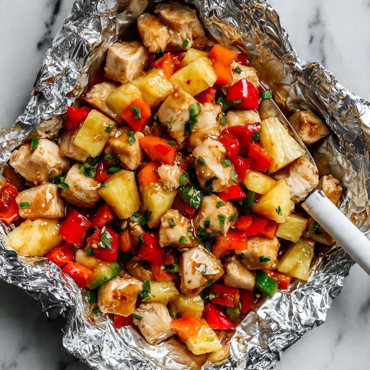 The image shows a foil packet filled with a colorful mix of cubed chicken pieces that are light brown, yellow pineapple chunks, and red and green bell pepper pieces. There are also small bits of green herbs sprinkled throughout, with a glossy sauce coating the ingredients, making them look juicy and shiny. A white-handled utensil is placed diagonally inside the foil, resting among the food. The foil wraps around the food, creating a crinkled and shiny silver border, and the background is a white marbled texture. Photo taken with an iphone --ar 4:5 --v 7