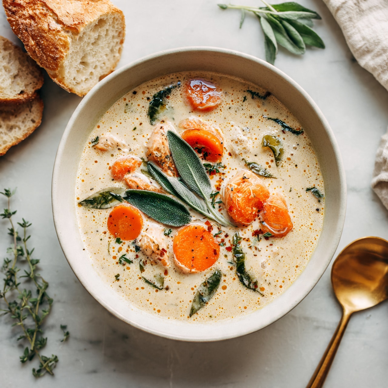 A white bowl filled with a creamy soup that has pieces of orange carrot slices and green herbs visible throughout the light beige creamy base, topped with a fresh small sprig of sage on the side. The bowl is on a white marbled surface next to a golden spoon and some slices of bread in the background, all softly lit with warm natural light, creating a cozy feeling. Photo taken with an iphone --ar 4:5 --v 7