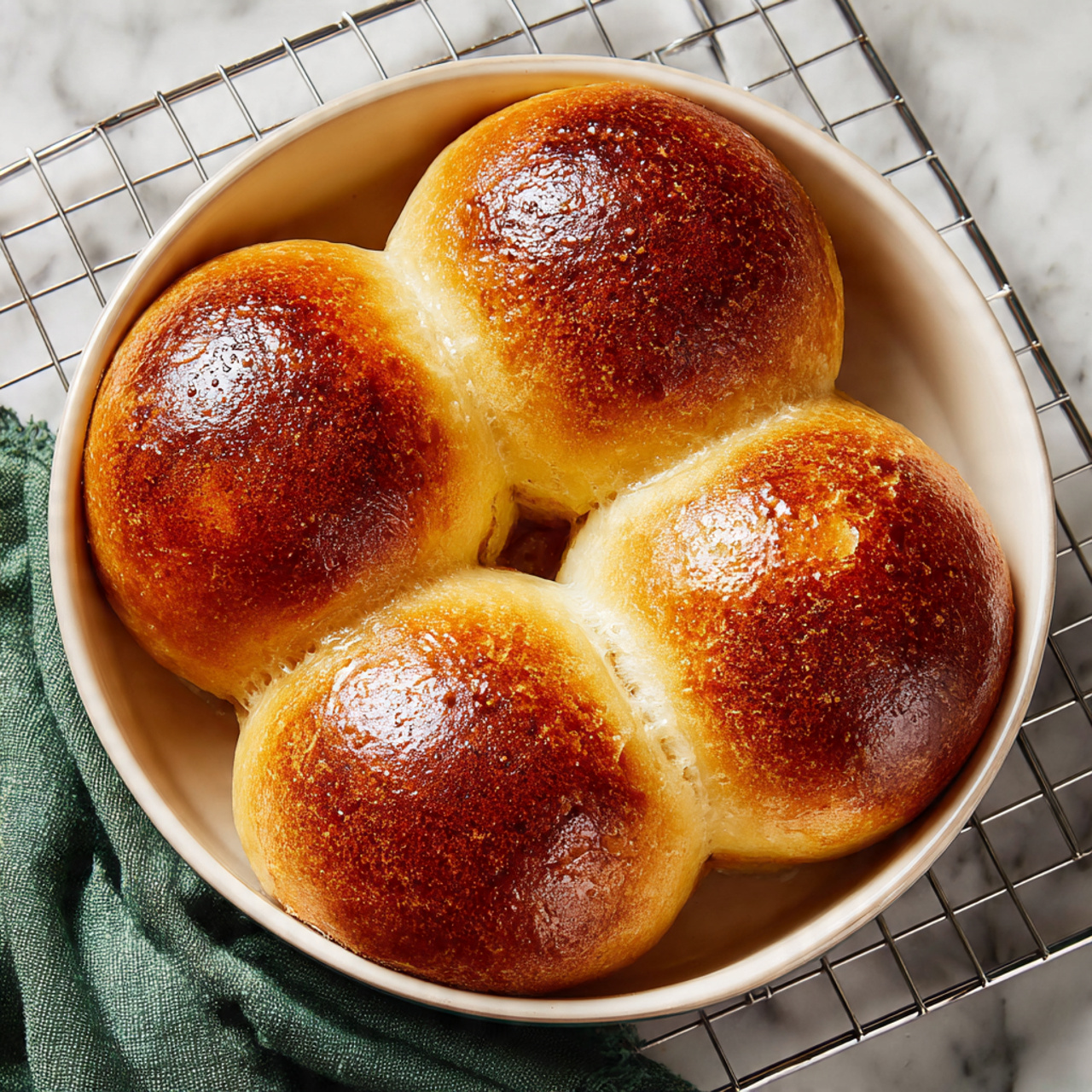 Four golden brown bread rolls with a shiny, smooth crust sit tightly together in a white baking dish. The rolls are plump and evenly baked, showing a soft texture around the edges where they meet. The dish is placed on a wire cooling rack atop a white marbled surface, with a green cloth partially visible on one side. The warm light highlights the glossy finish of the bread, making them look fresh from the oven photo taken with an iphone --ar 4:5 --v 7