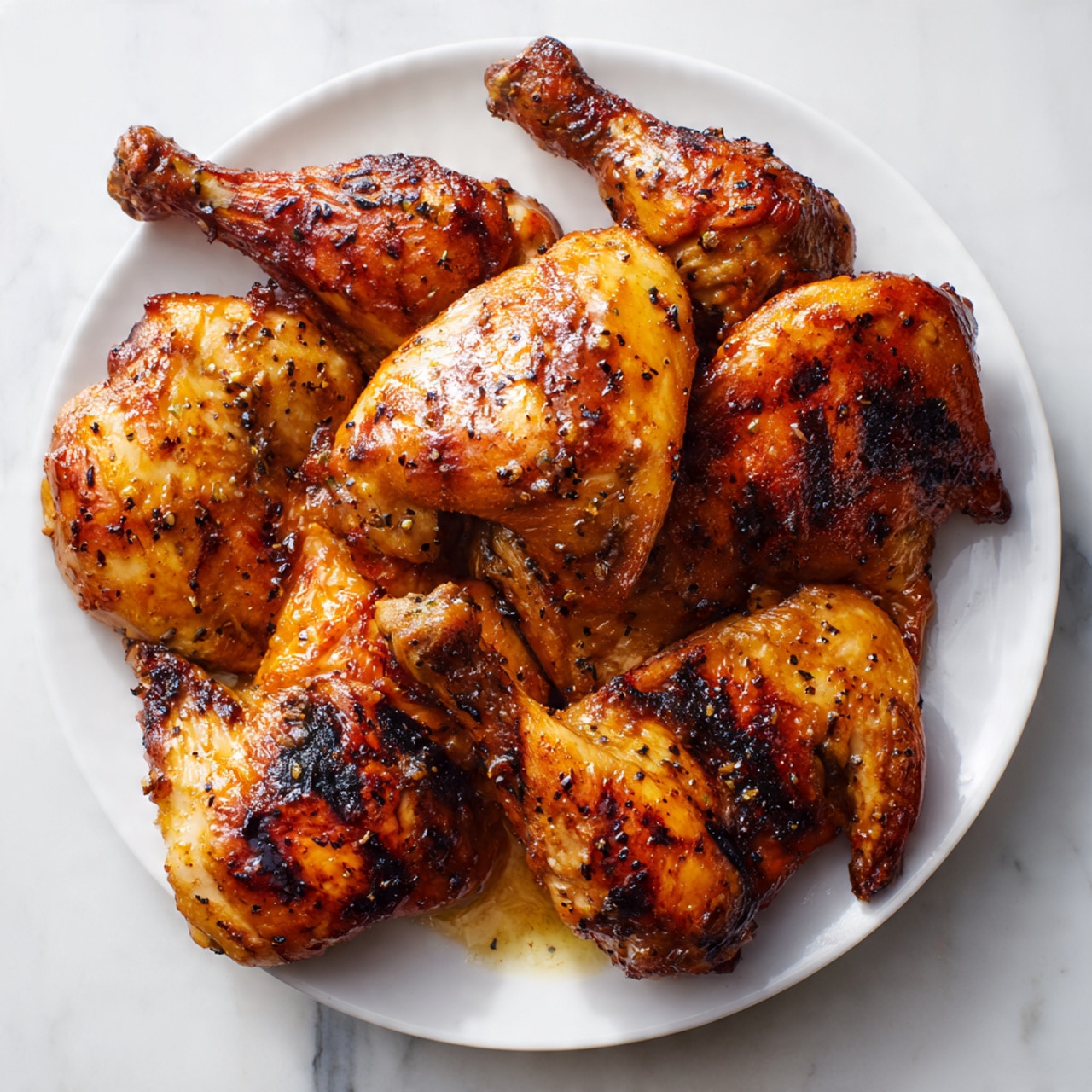A white plate holds nine pieces of grilled chicken with a shiny, golden-brown glaze that covers the entire surface. There are both drumsticks and thighs, each piece showing some darker char marks and a slightly sticky texture that catches the light. The skin looks crispy and caramelized, with small bubbles and specks of black pepper visible. The plate is placed on a white marbled surface with soft, natural light highlighting the rich, warm colors of the chicken. Photo taken with an iphone --ar 4:5 --v 7