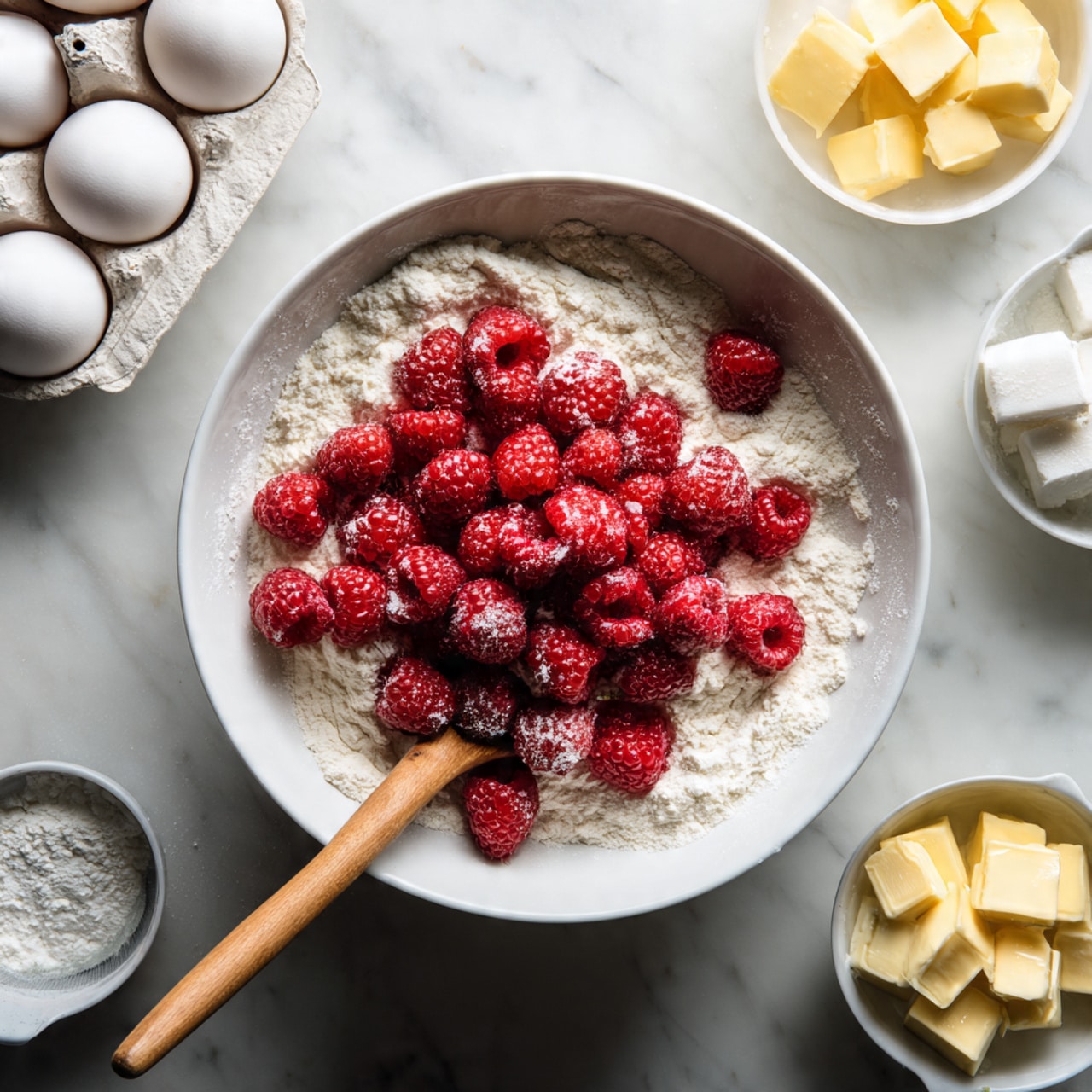 A white bowl filled with a layer of white flour topped with bright red raspberries scattered unevenly, with a wooden spoon resting inside the bowl on the left side, partially covered by the flour and raspberries. Around the bowl, there are white eggs in a carton at the top left corner, small white bowl with yellow butter cubes at the top right, and a small measuring cup with white chunks at the bottom left. All placed on a white marbled surface. photo taken with an iphone --ar 4:5 --v 7
