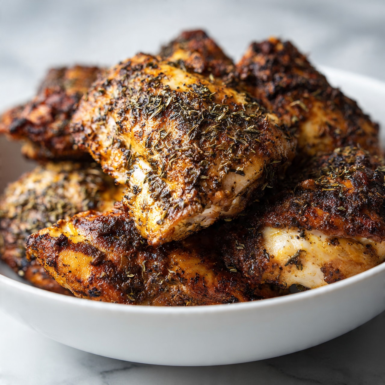 A close-up view of a white bowl filled with six pieces of seasoned cooked chicken, stacked in a somewhat uneven pile. The chicken has a dark brown crust with visible black specks of pepper and dried herb flakes that give texture on the top layer. The chicken pieces show a mix of light golden and deeper brown colors, indicating a grilled or fried finish, with some areas slightly shiny from natural oils. The background is a white marbled texture. Photo taken with an iphone --ar 4:5 --v 7