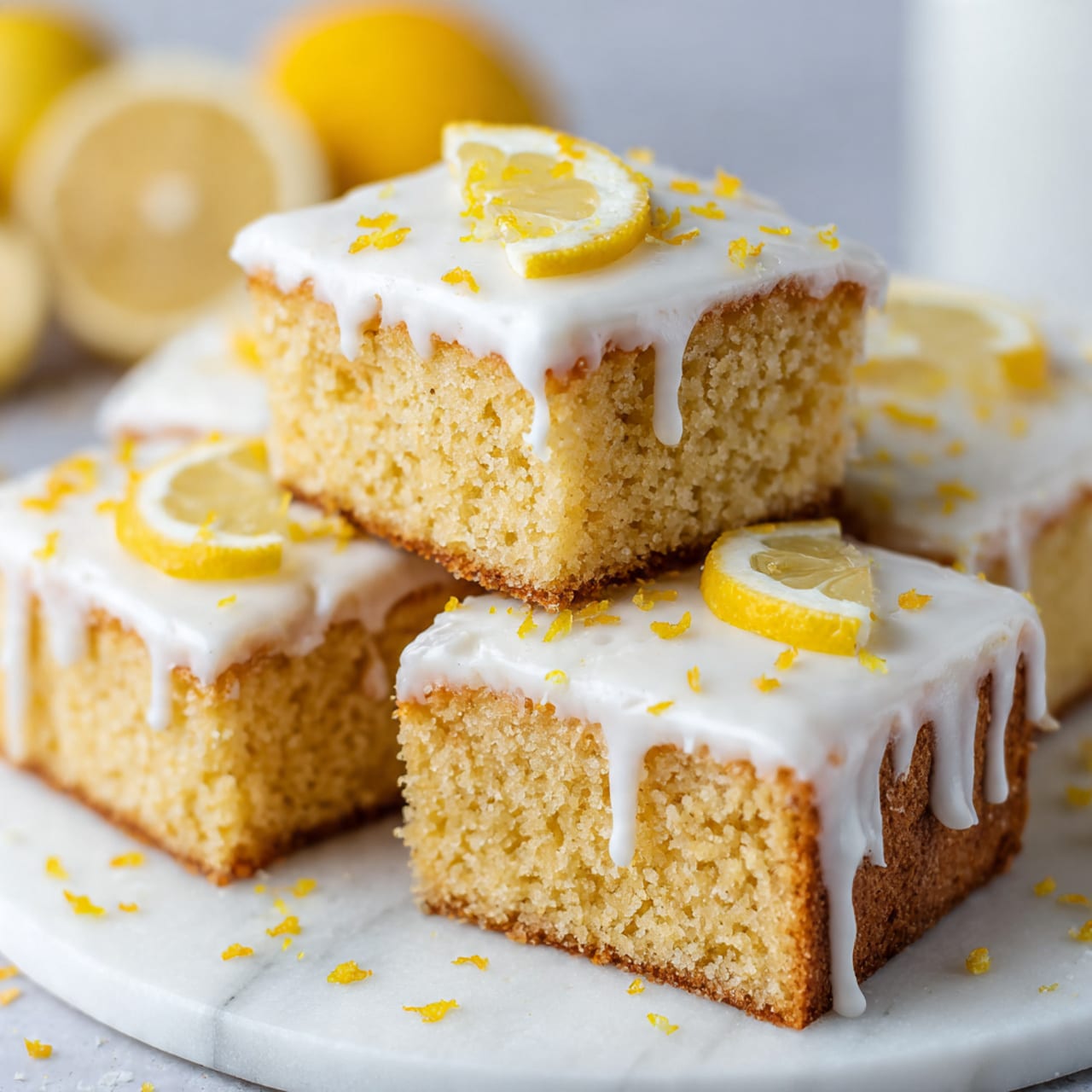 This image shows several square lemon cake pieces stacked close together on a white marbled surface, each with two layers: a light golden-yellow moist cake base and a thick smooth white icing on top. The icing drips slightly down the sides and is decorated with small thin yellow lemon slices and tiny sprinkles of lemon zest scattered over each piece. One piece in the center stands up slightly above the others, showing the soft crumb of the cake and the glossy texture of the icing. The background is blurred with hints of lemon halves and white plates. photo taken with an iphone --ar 4:5 --v 7